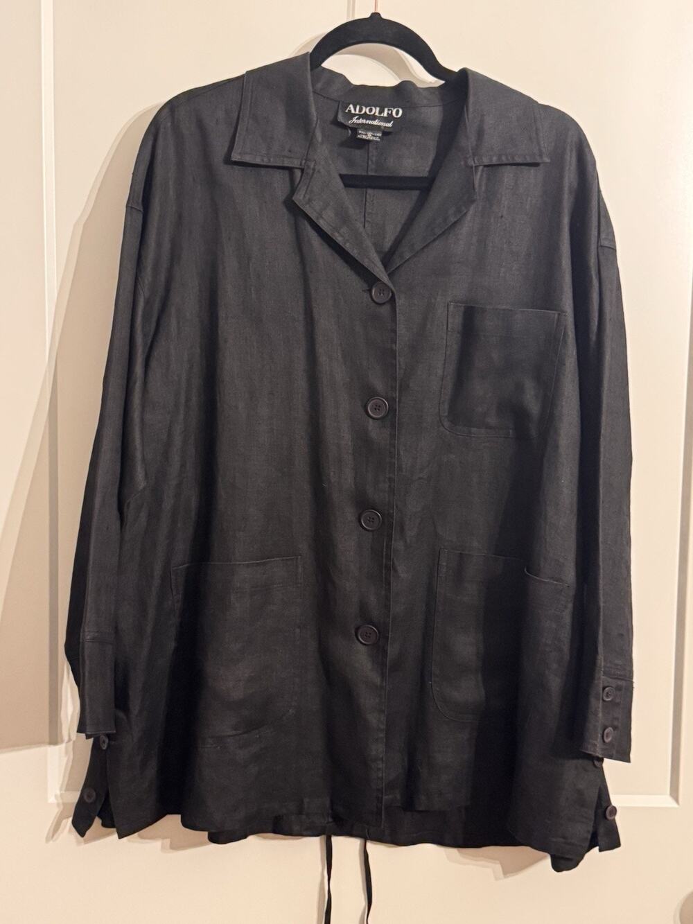 Adolfo International blazer jacket Sz 12 Black Linen Vintage Drawstring Capsule